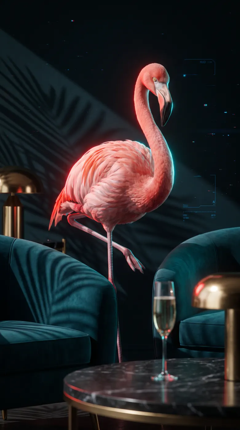 Pink flamingo on one leg in a dark luxury lounge with a champagne glass