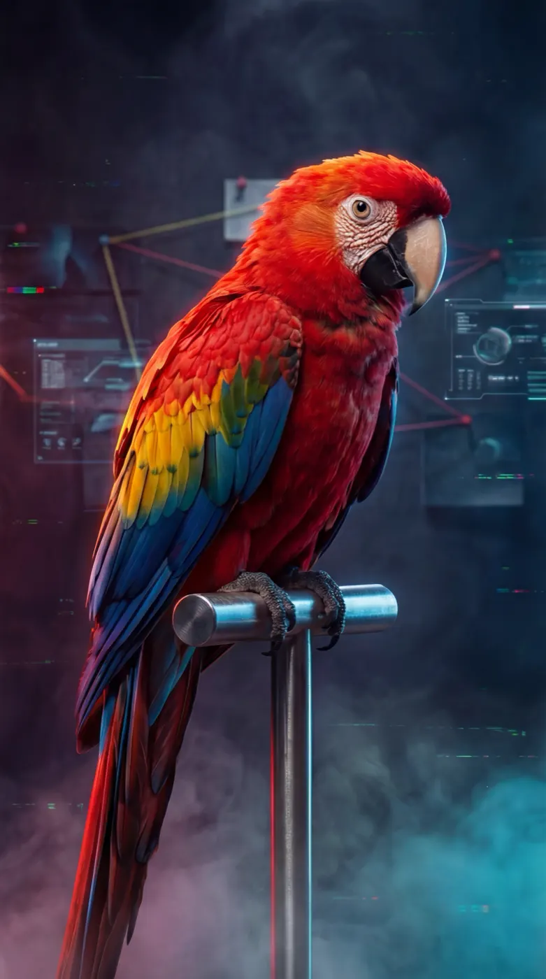 Scarlet macaw on a metal perch, neon rim light, conspiracy board behind